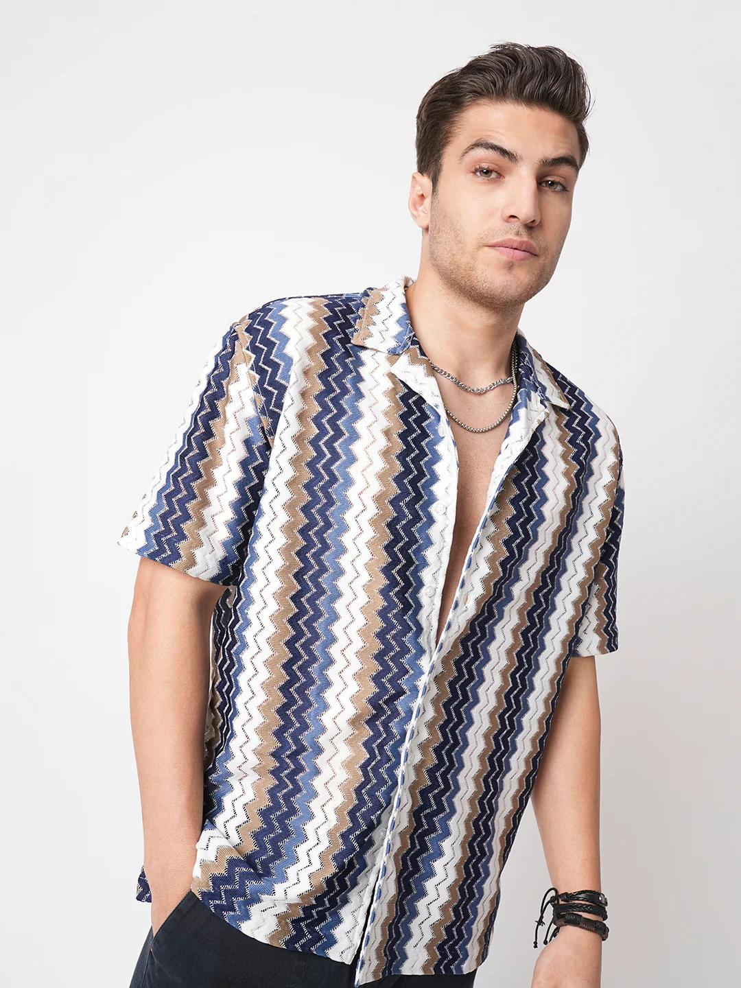 Multicolour Chevron Stripes Crochet Oversized Shirt - Image 2