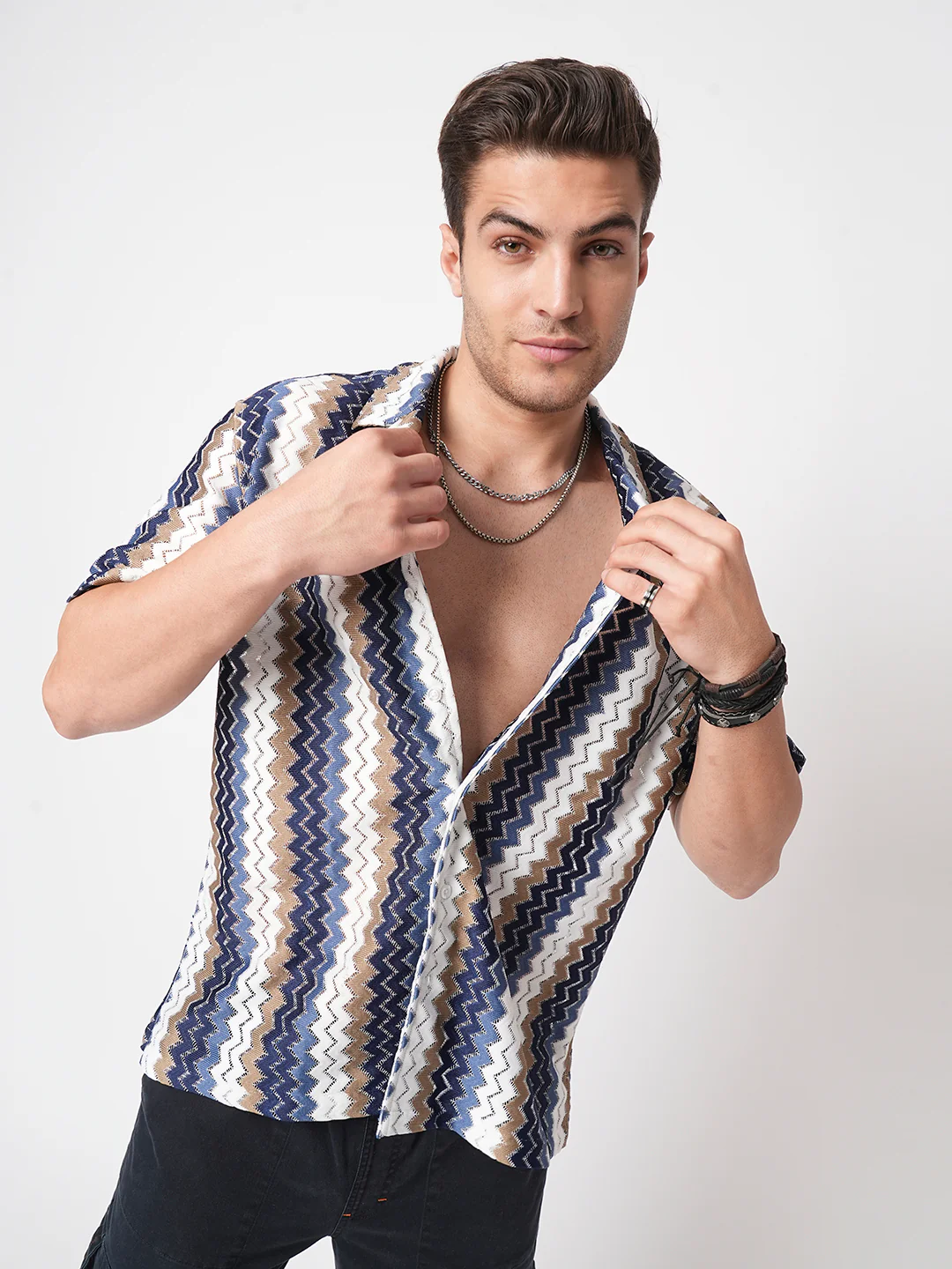 Multicolour Chevron Stripes Crochet Oversized Shirt - Image 3