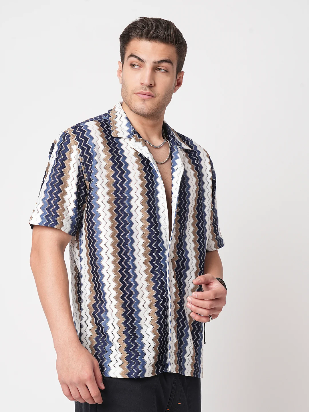 Multicolour Chevron Stripes Crochet Oversized Shirt - Image 5