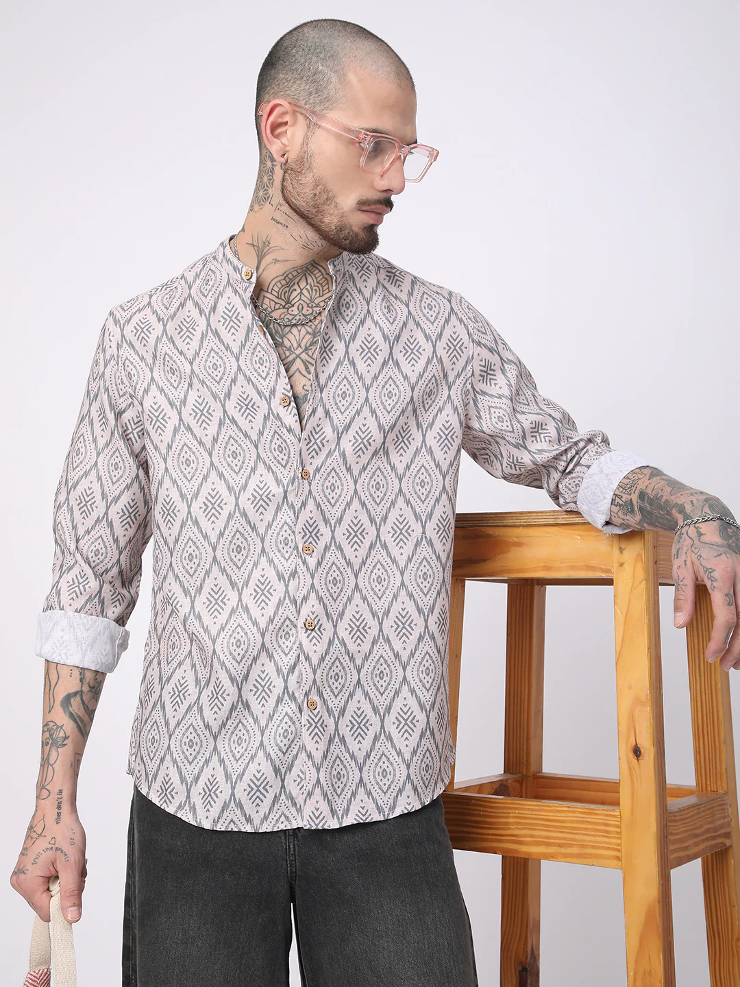 Multicolour Ikat Printed Mandarin Collar Shirt - Image 2