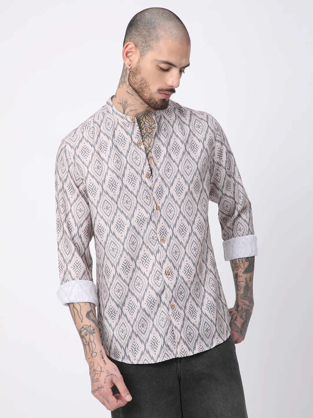 Multicolour Ikat Printed Mandarin Collar Shirt - Image 4
