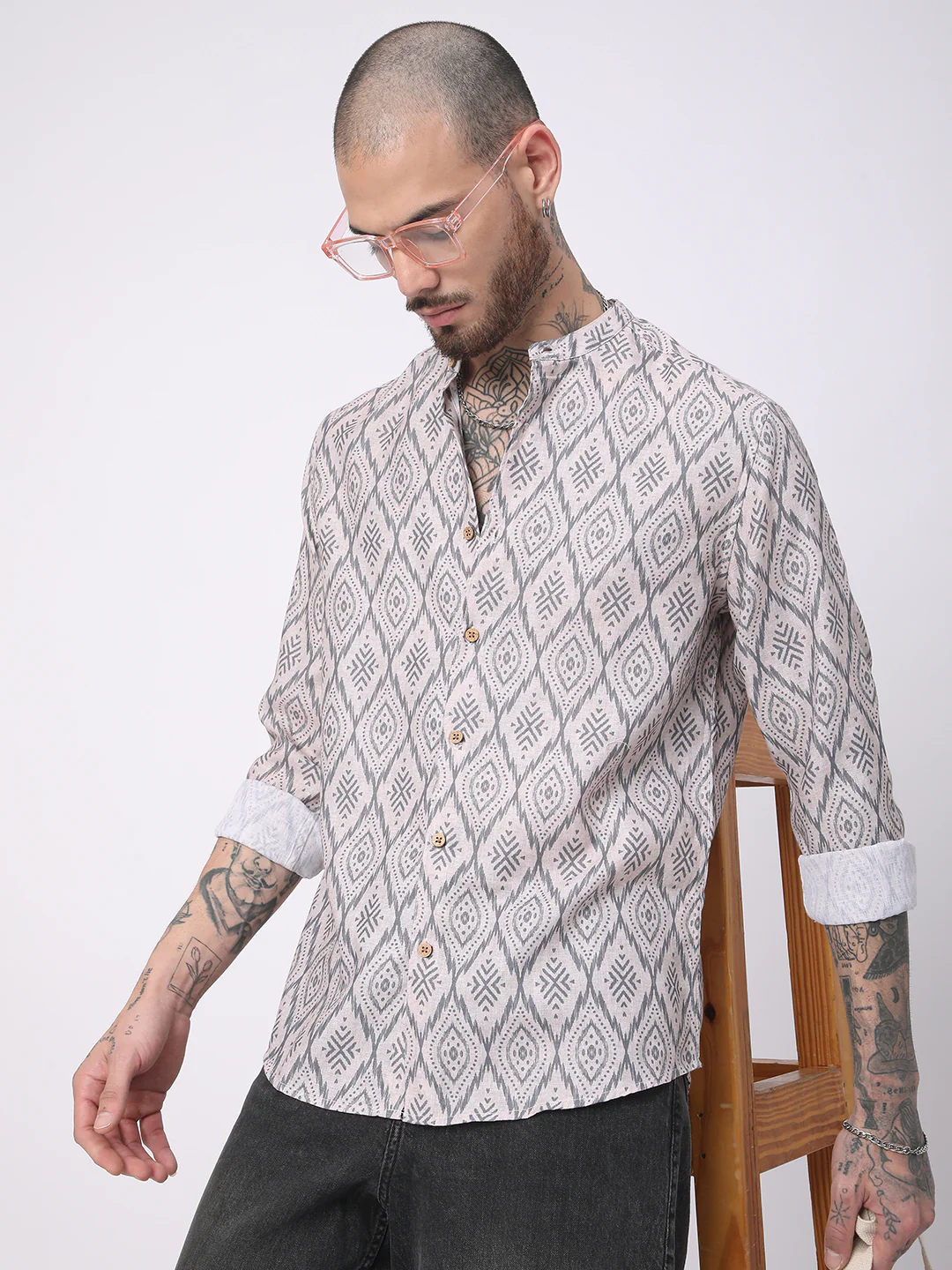 Multicolour Ikat Printed Mandarin Collar Shirt - Image 5