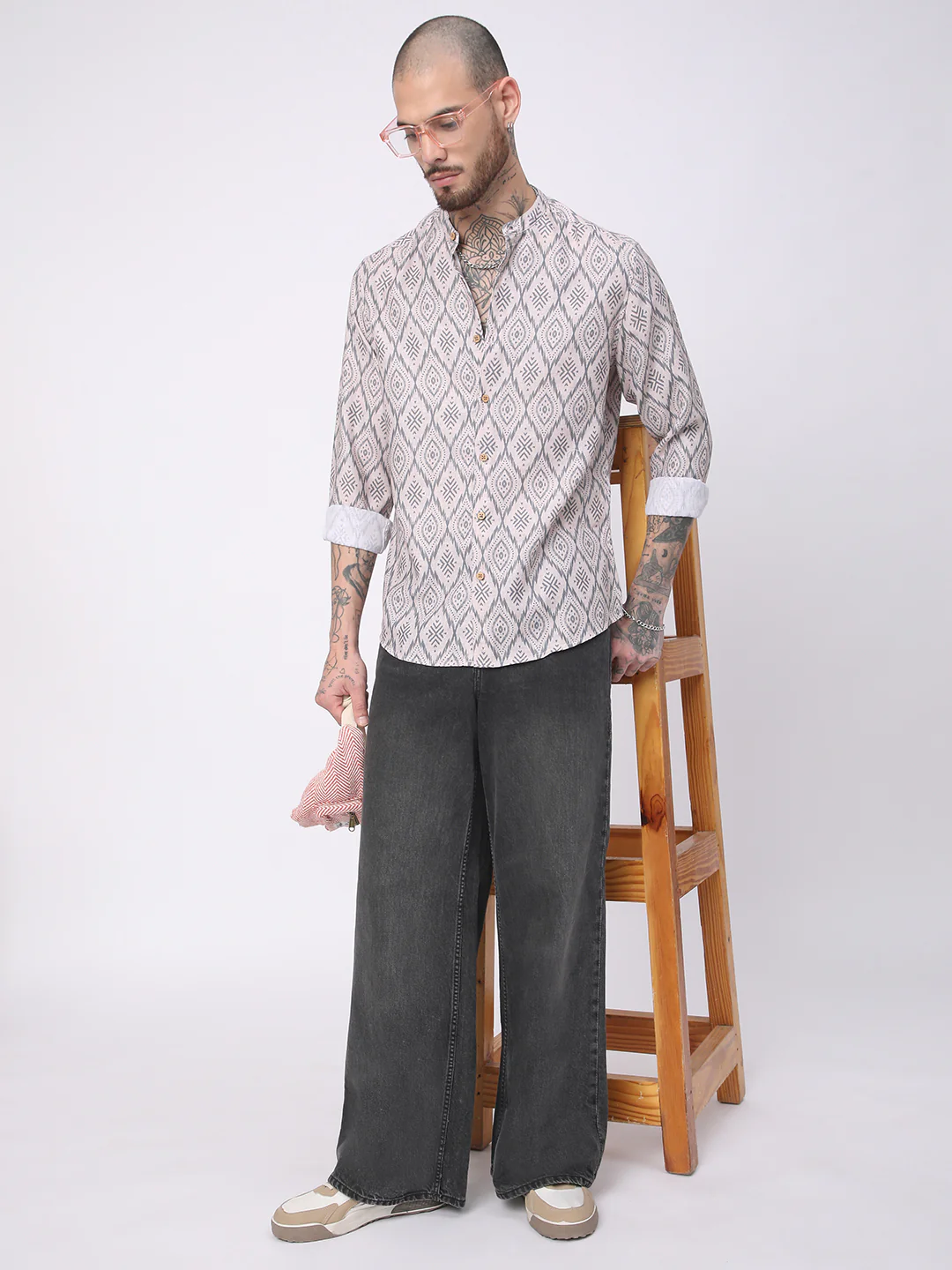 Multicolour Ikat Printed Mandarin Collar Shirt - Image 7