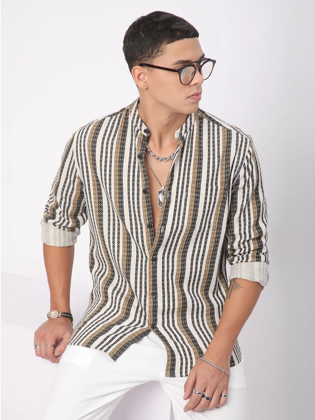 Multicolour Striped Mandarin Collar Shirt - Image 2
