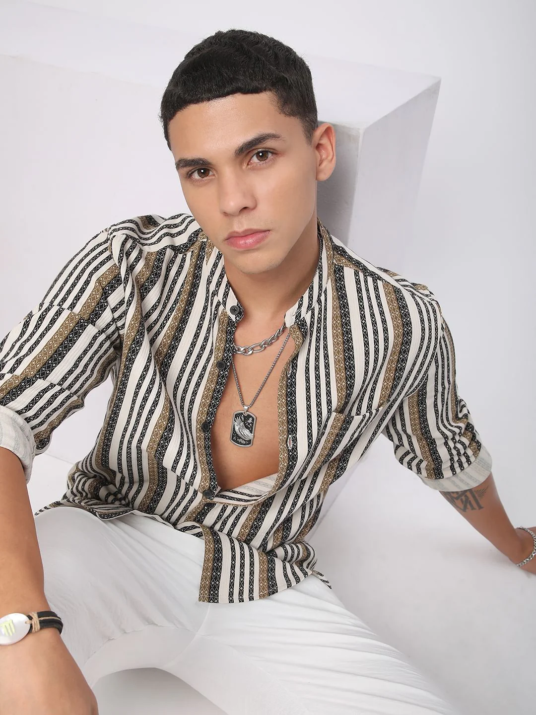 Multicolour Striped Mandarin Collar Shirt - Image 4
