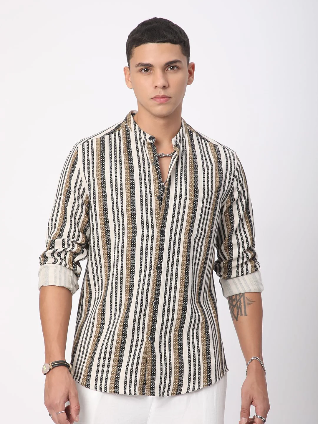 Multicolour Striped Mandarin Collar Shirt - Image 5