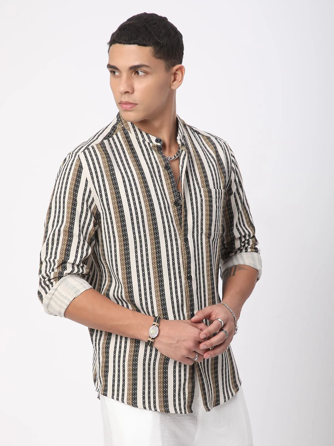 Multicolour Striped Mandarin Collar Shirt - Image 6