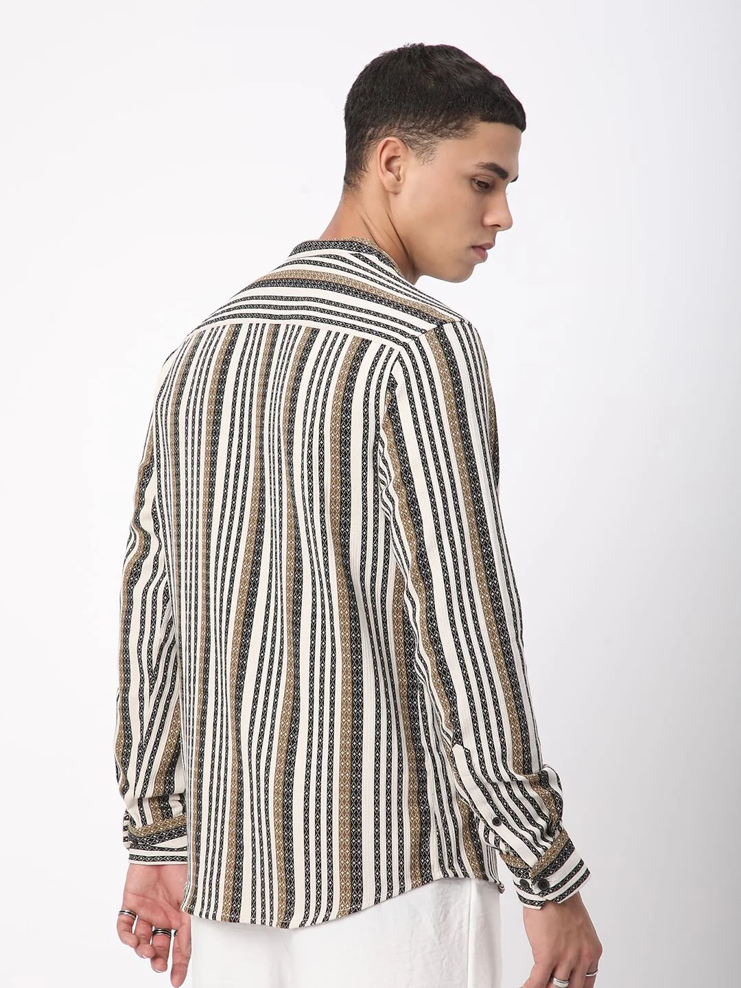 Multicolour Striped Mandarin Collar Shirt - Image 7