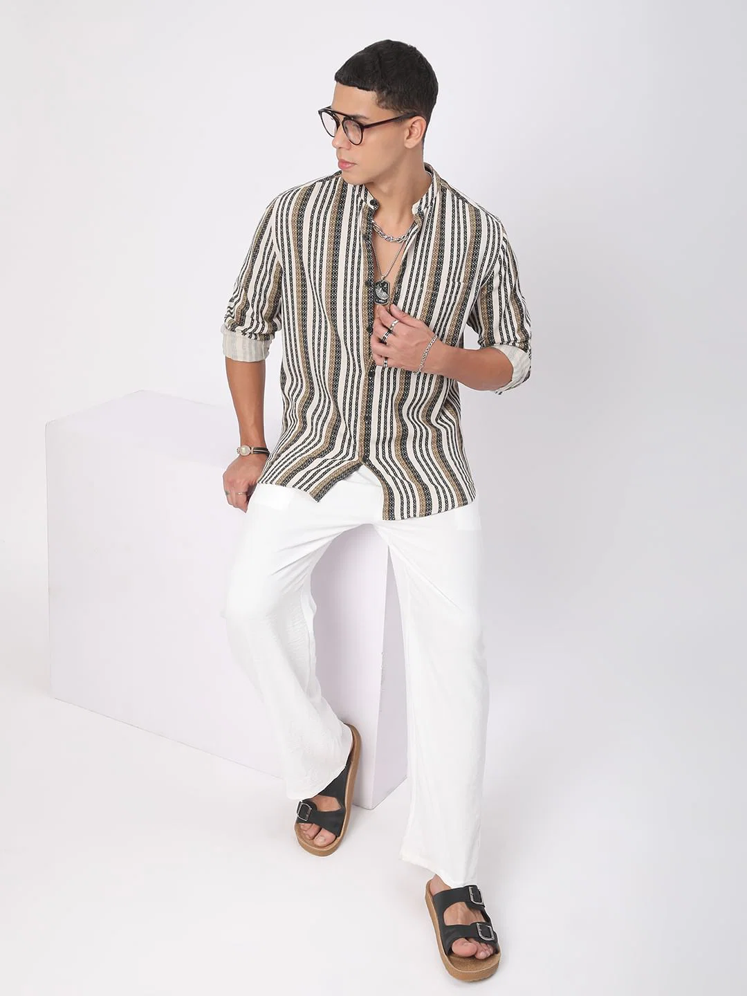 Multicolour Striped Mandarin Collar Shirt - Image 8