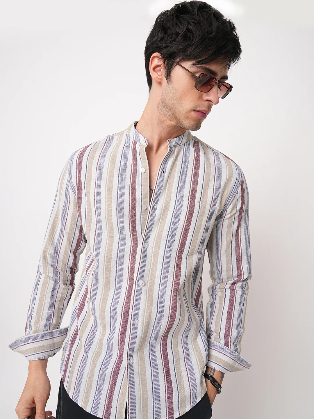 Multicolour Vertical Stripes Mandarin Shirt