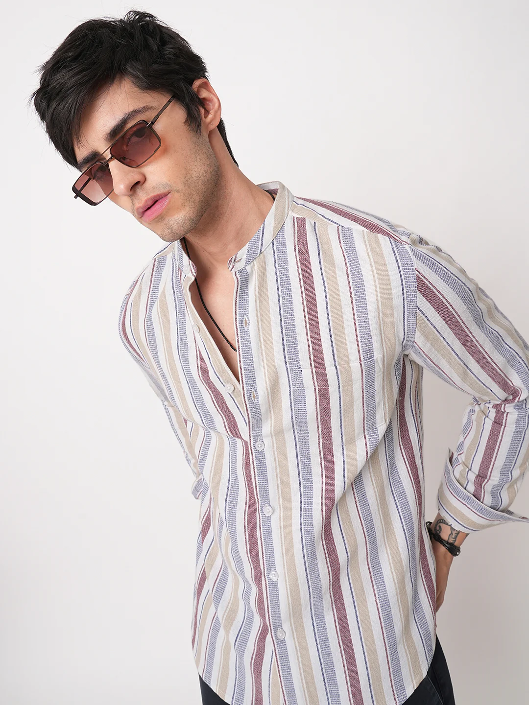 Multicolour Vertical Stripes Mandarin Shirt - Image 2
