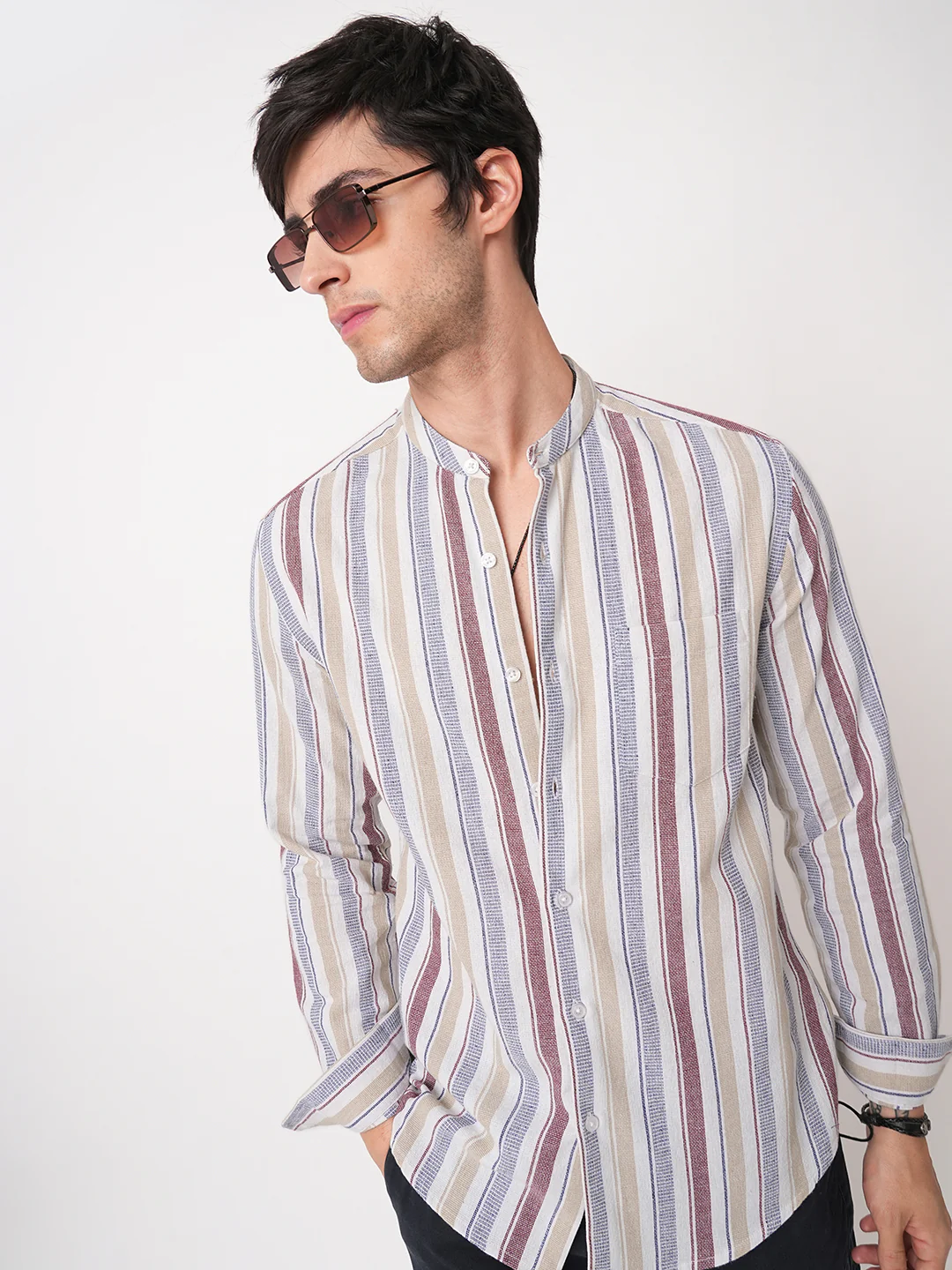 Multicolour Vertical Stripes Mandarin Shirt - Image 4