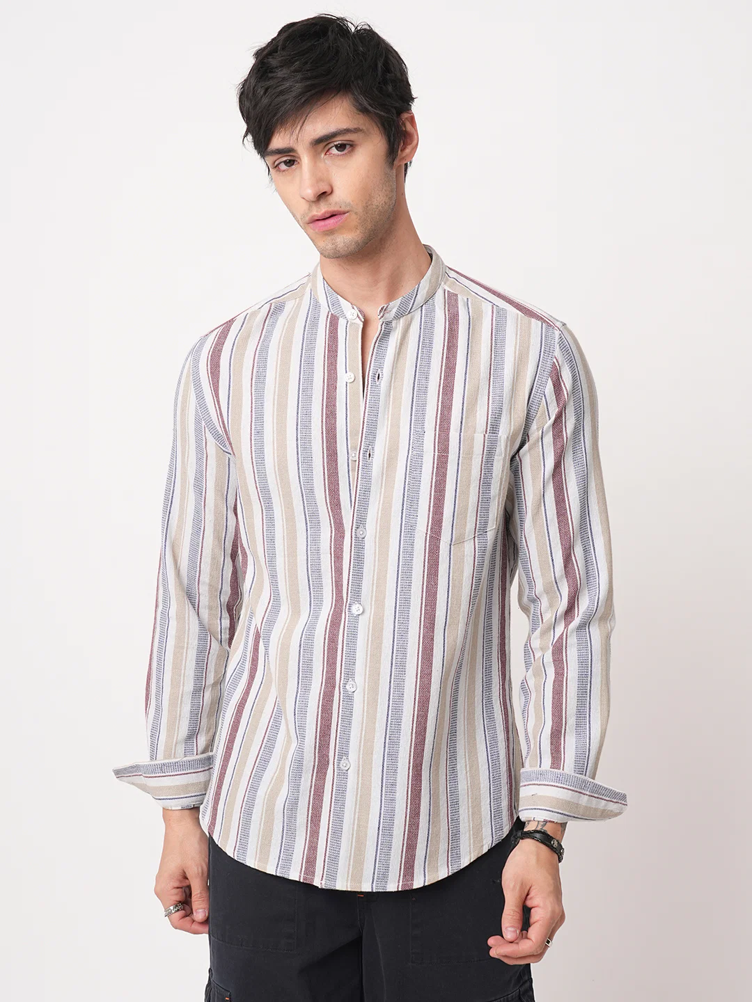 Multicolour Vertical Stripes Mandarin Shirt - Image 5