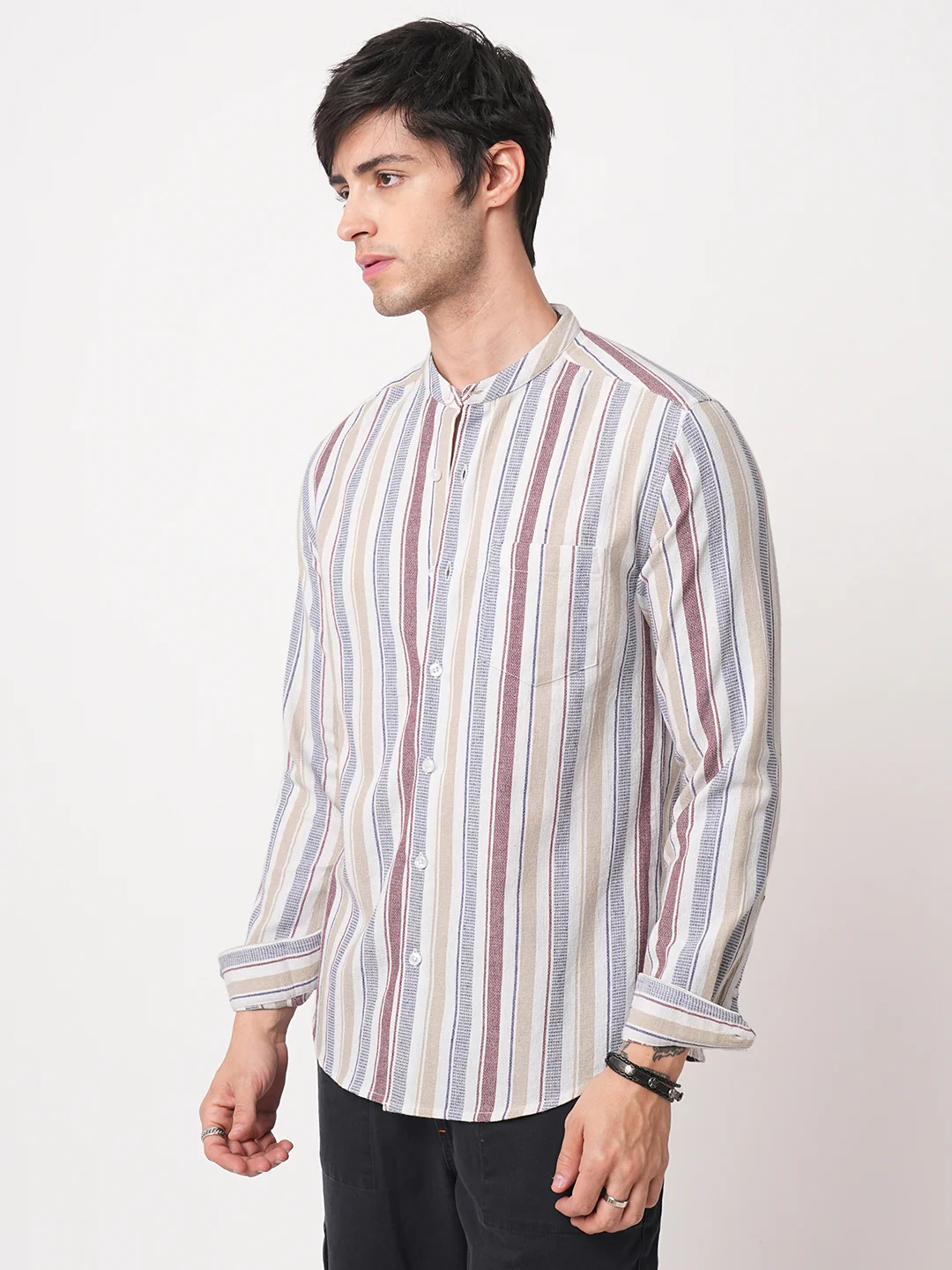 Multicolour Vertical Stripes Mandarin Shirt - Image 6