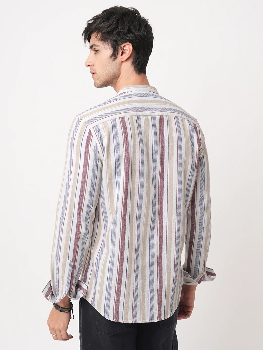 Multicolour Vertical Stripes Mandarin Shirt - Image 7
