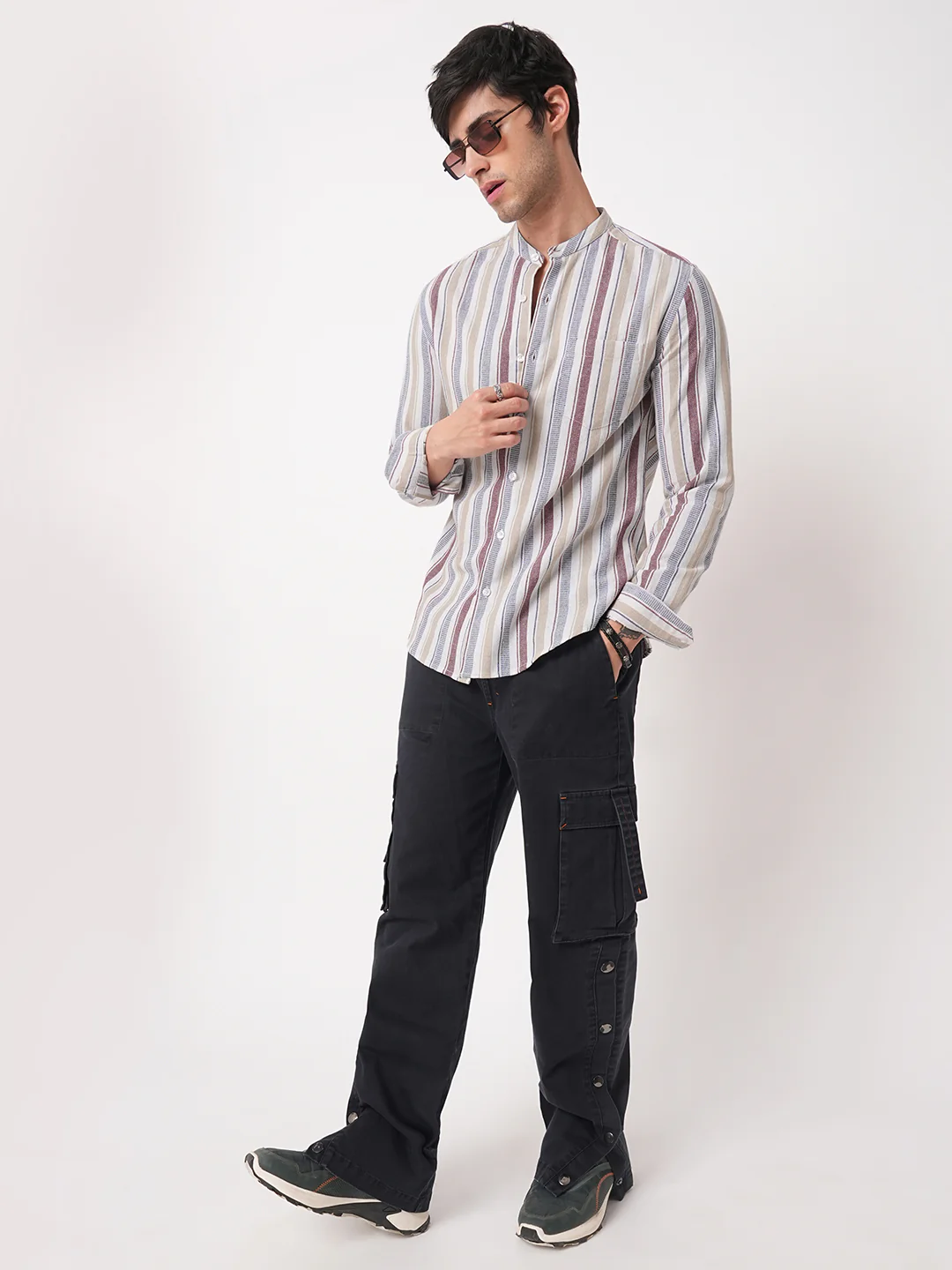 Multicolour Vertical Stripes Mandarin Shirt - Image 8