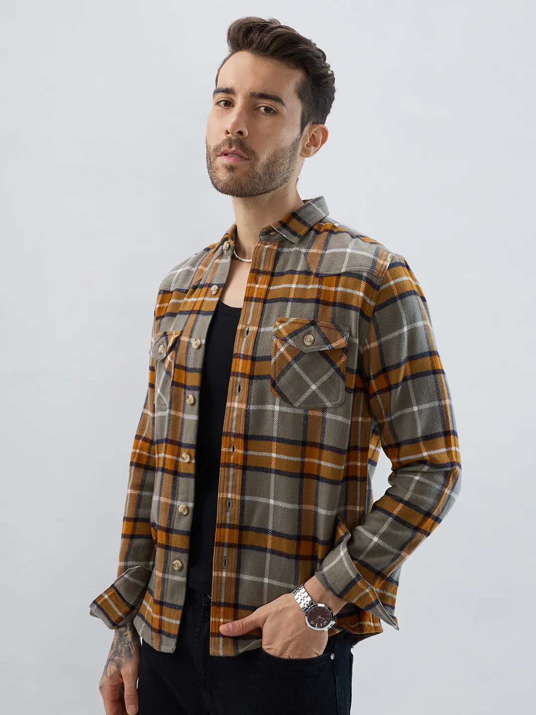 Mustard & Grey Tartan Checked Double Pocket Flannel - Image 2