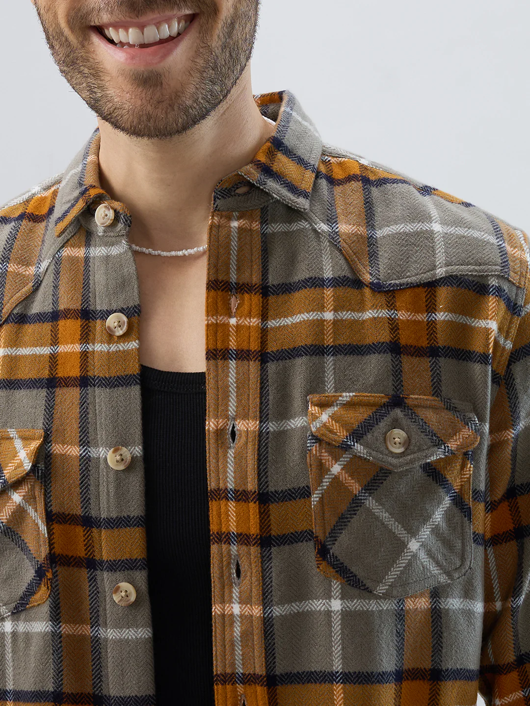 Mustard & Grey Tartan Checked Double Pocket Flannel - Image 3
