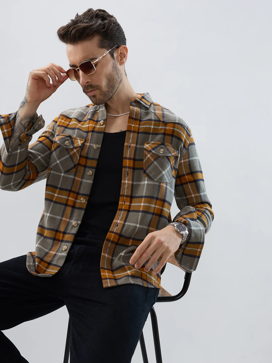 Mustard & Grey Tartan Checked Double Pocket Flannel - Image 4
