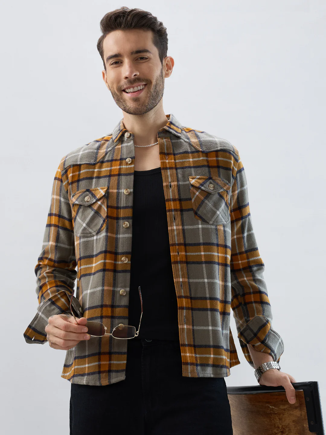 Mustard & Grey Tartan Checked Double Pocket Flannel - Image 5