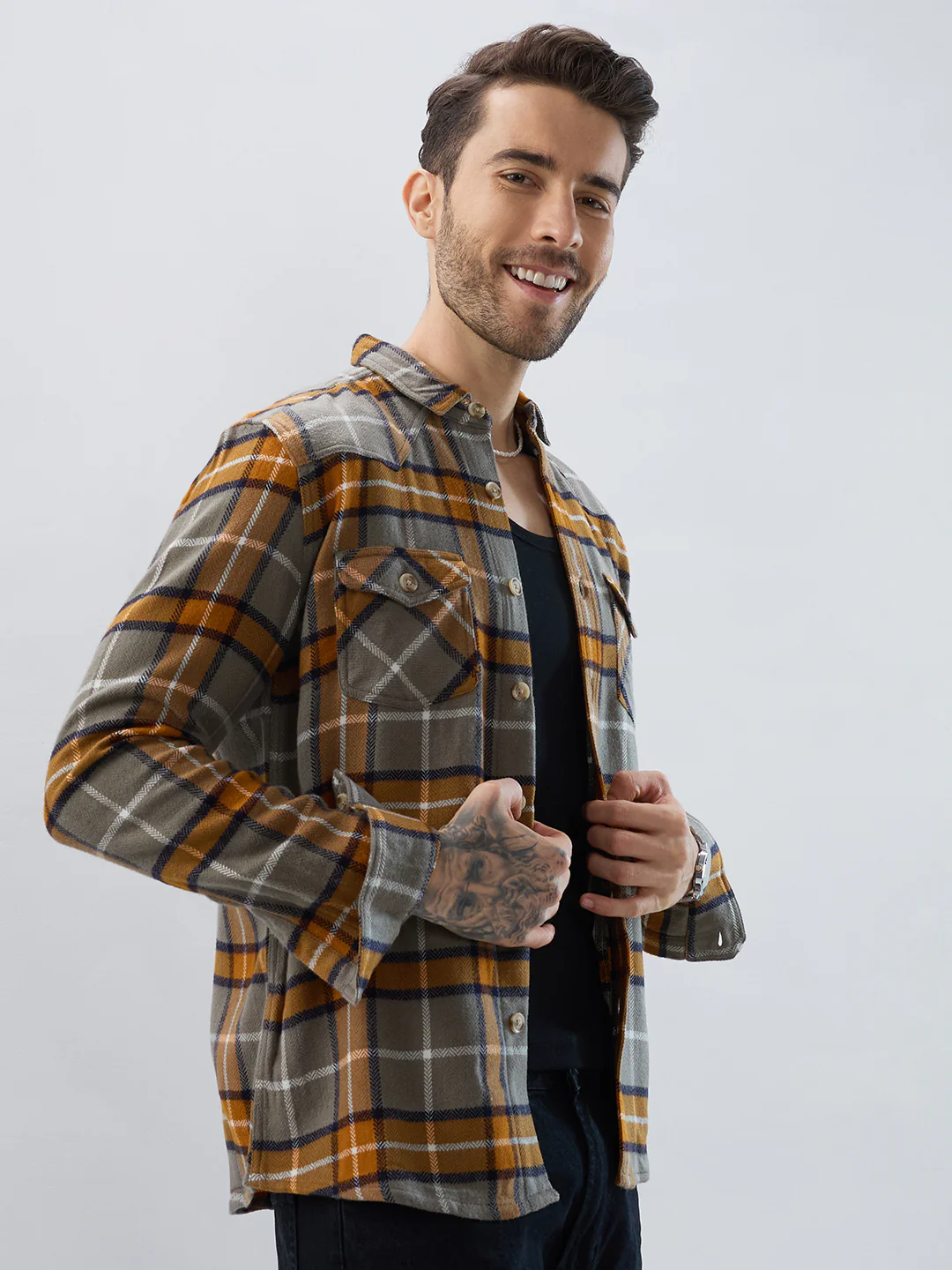 Mustard & Grey Tartan Checked Double Pocket Flannel - Image 6