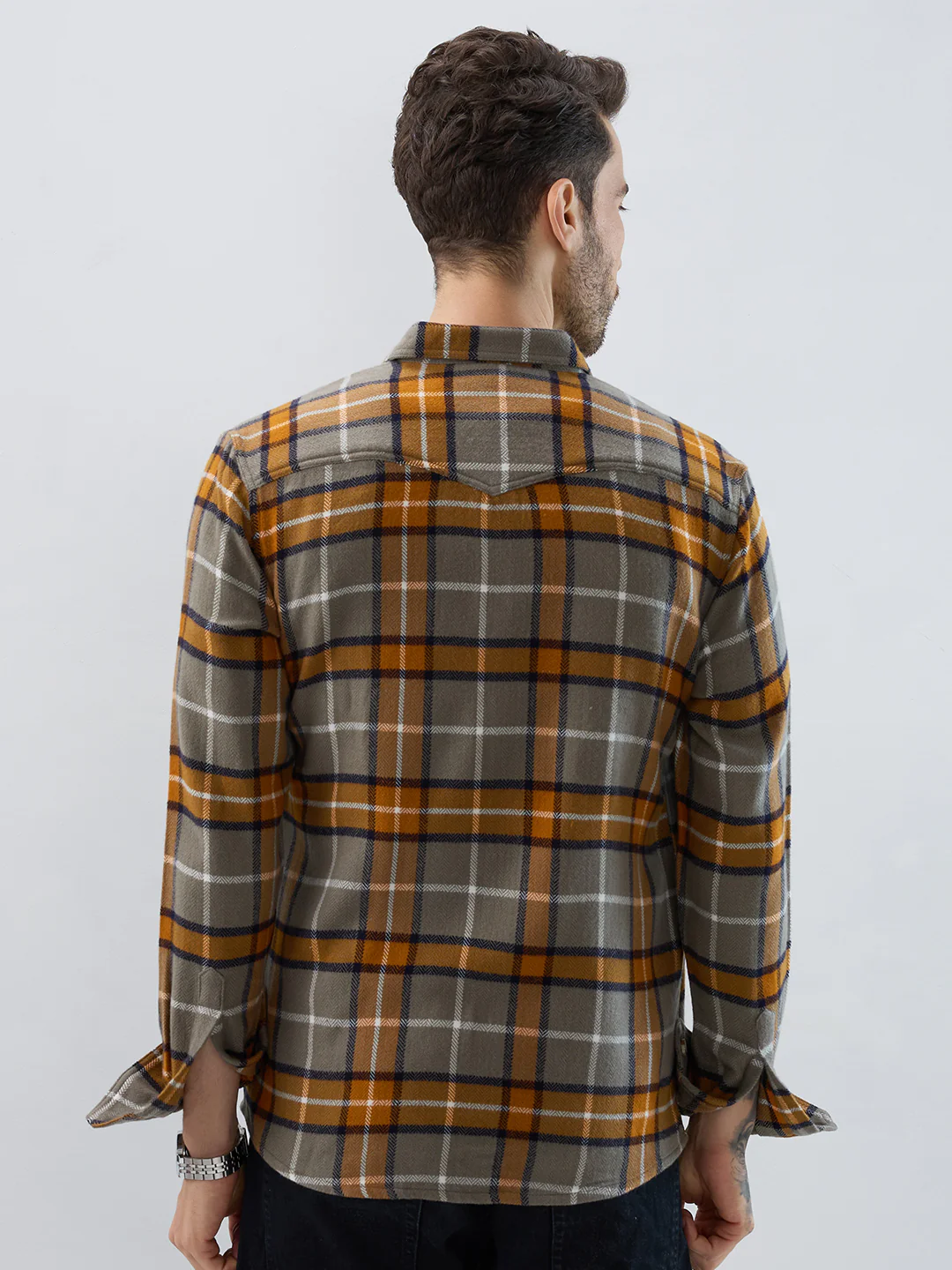 Mustard & Grey Tartan Checked Double Pocket Flannel - Image 7