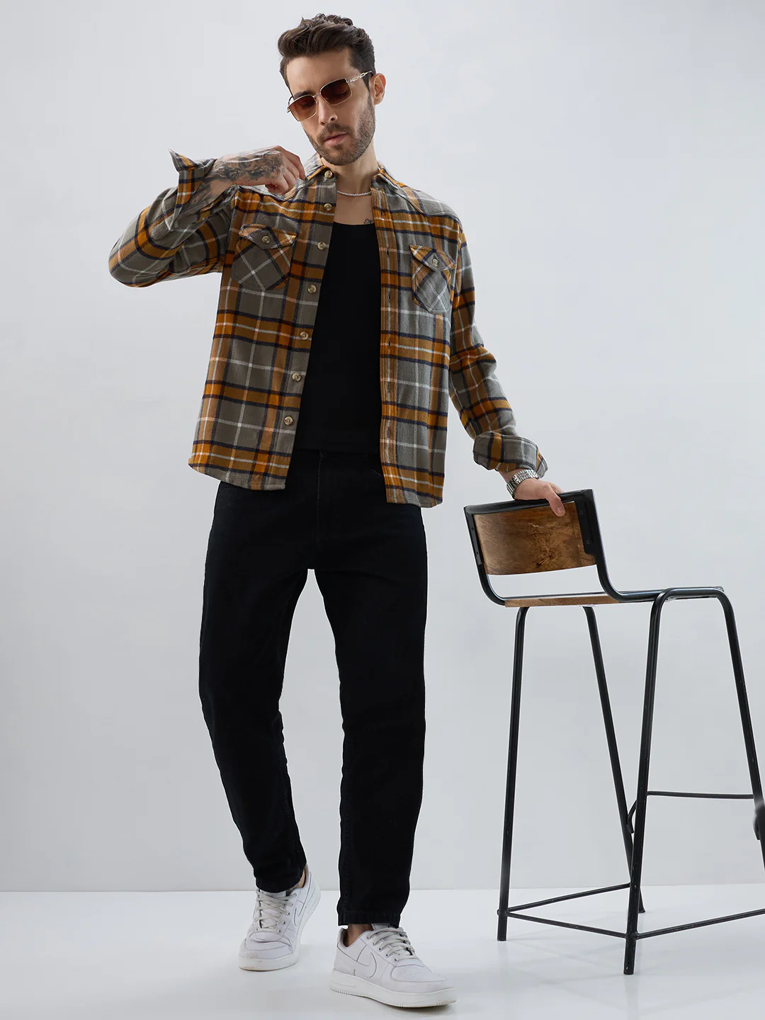 Mustard & Grey Tartan Checked Double Pocket Flannel - Image 8