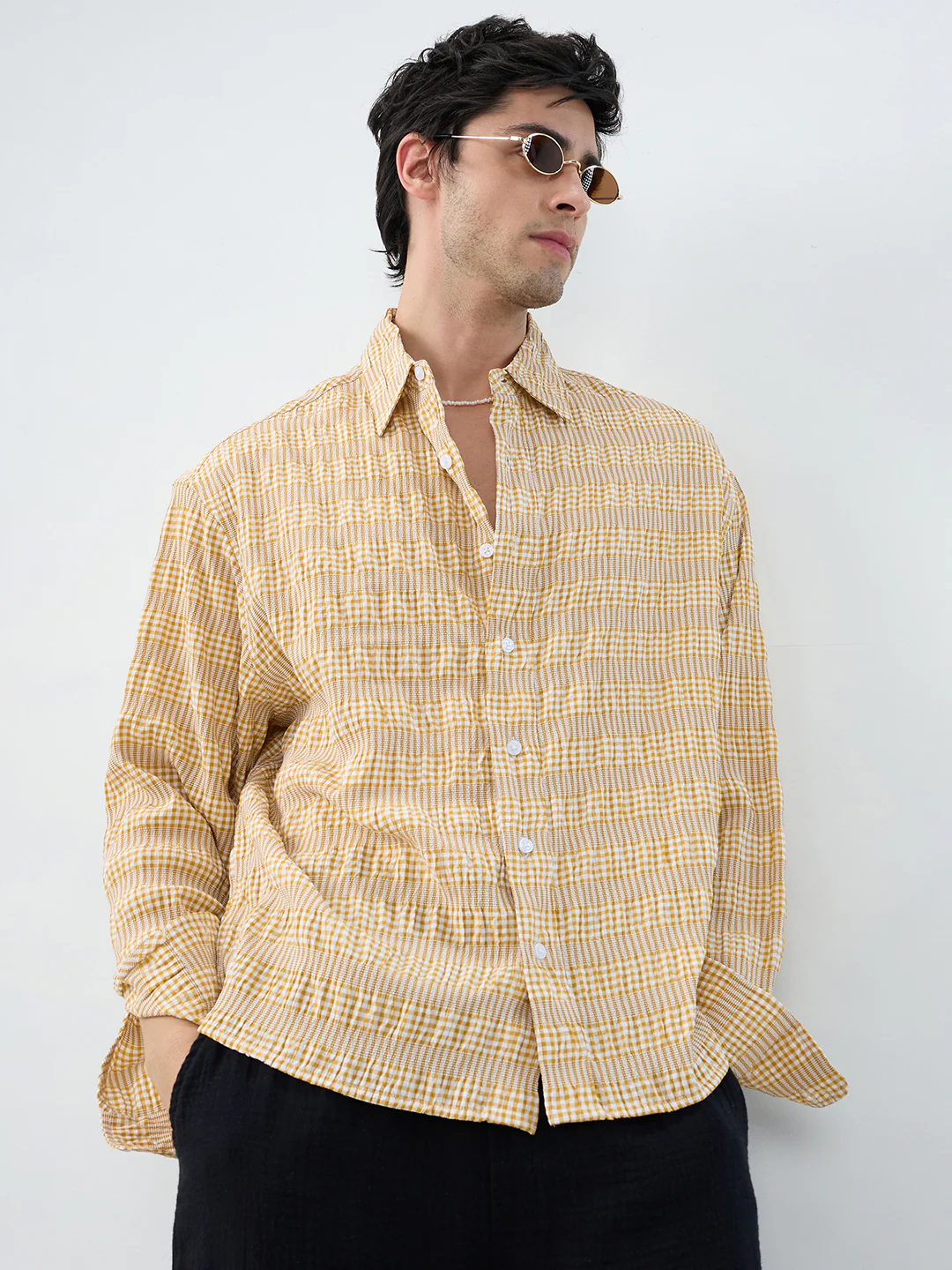 Mustard & White Seersucker Gingham Checks Boxy Fit Crop Shirt - Image 2