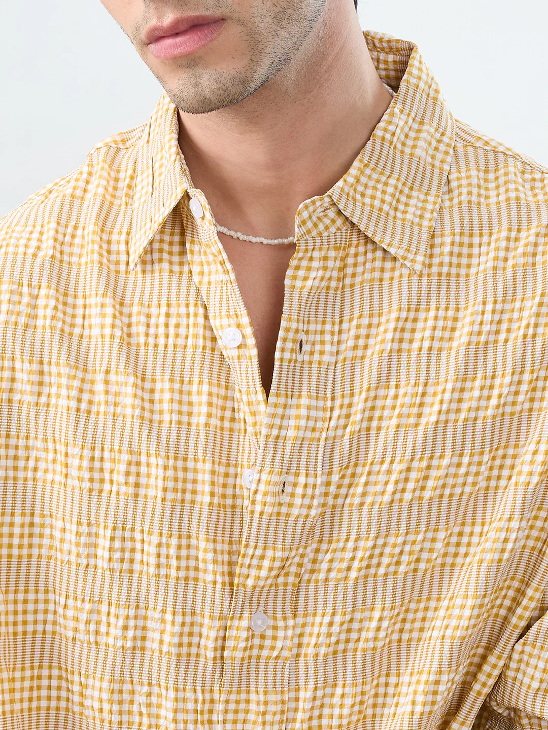 Mustard & White Seersucker Gingham Checks Boxy Fit Crop Shirt - Image 3