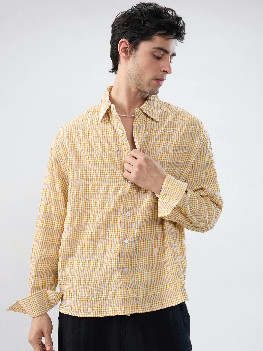 Mustard & White Seersucker Gingham Checks Boxy Fit Crop Shirt - Image 4