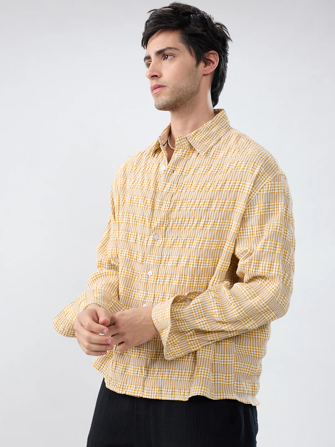 Mustard & White Seersucker Gingham Checks Boxy Fit Crop Shirt - Image 5