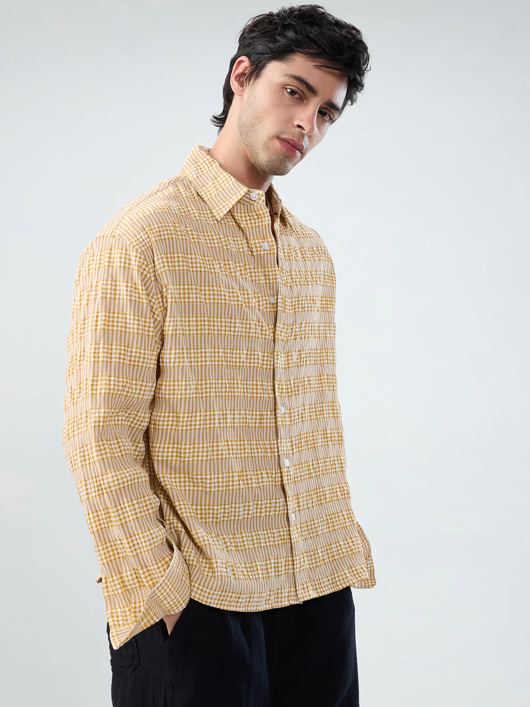 Mustard & White Seersucker Gingham Checks Boxy Fit Crop Shirt - Image 6