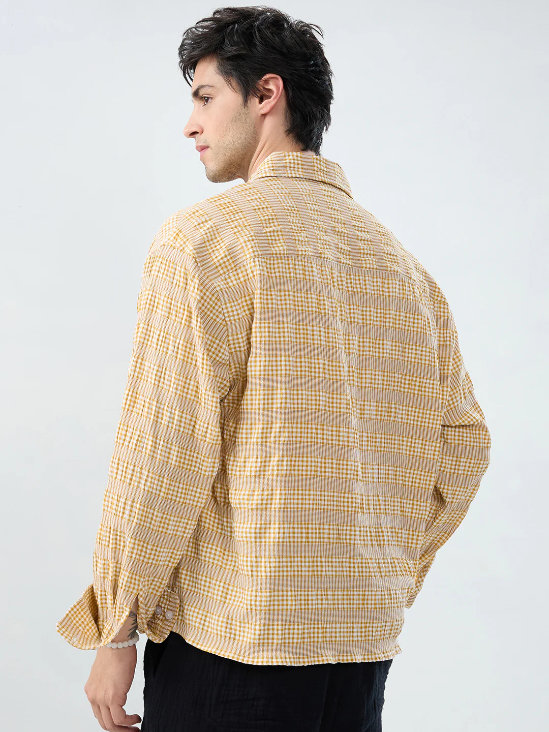 Mustard & White Seersucker Gingham Checks Boxy Fit Crop Shirt - Image 7