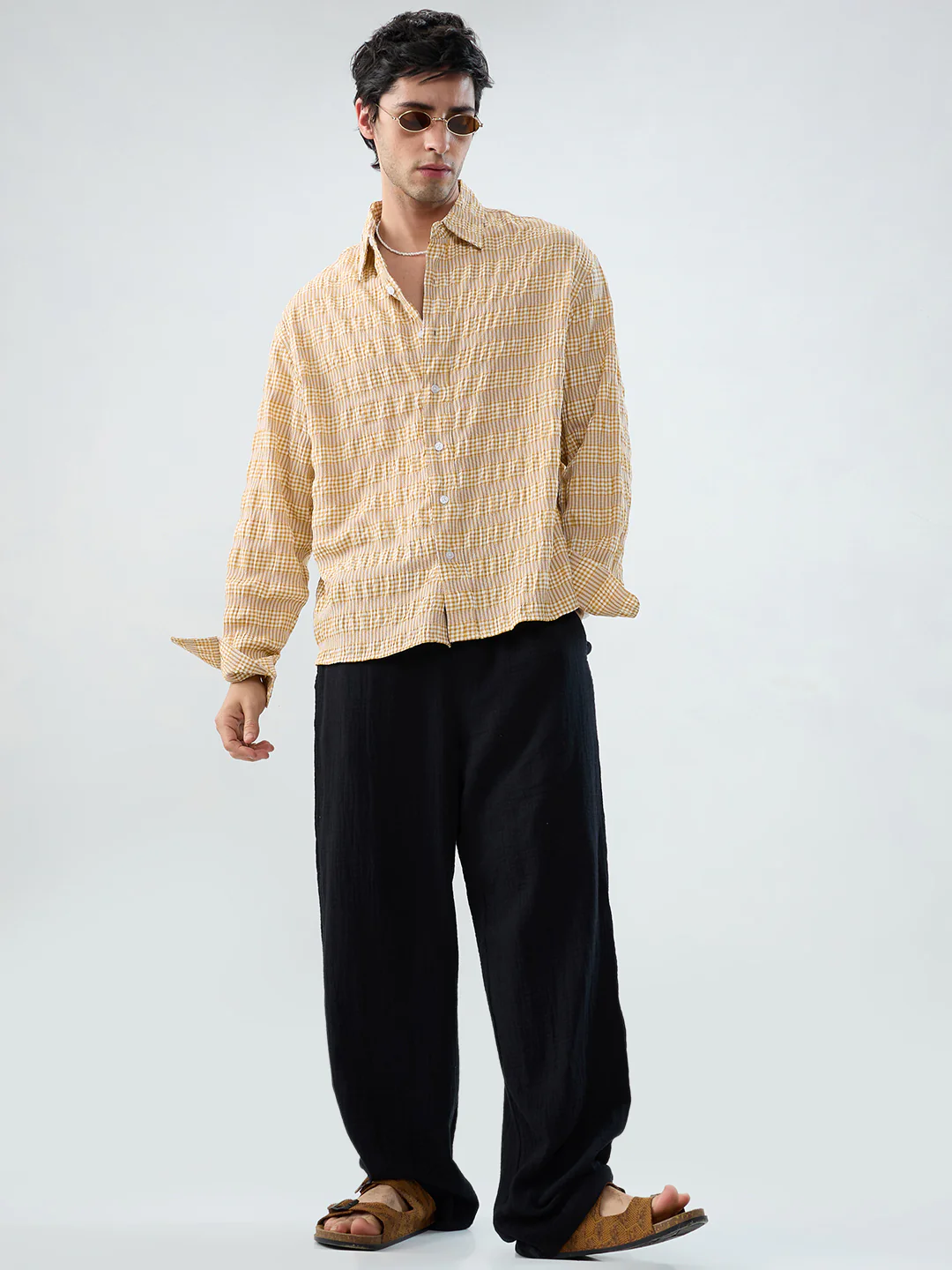 Mustard & White Seersucker Gingham Checks Boxy Fit Crop Shirt - Image 8