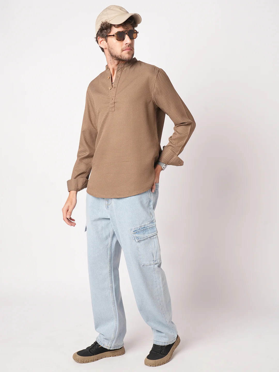 Muted Brown Dot Embossed Kurta - Image 2