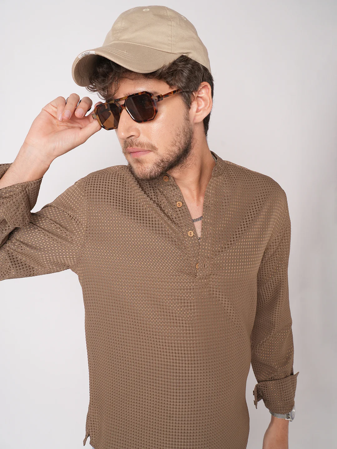 Muted Brown Dot Embossed Kurta - Image 3