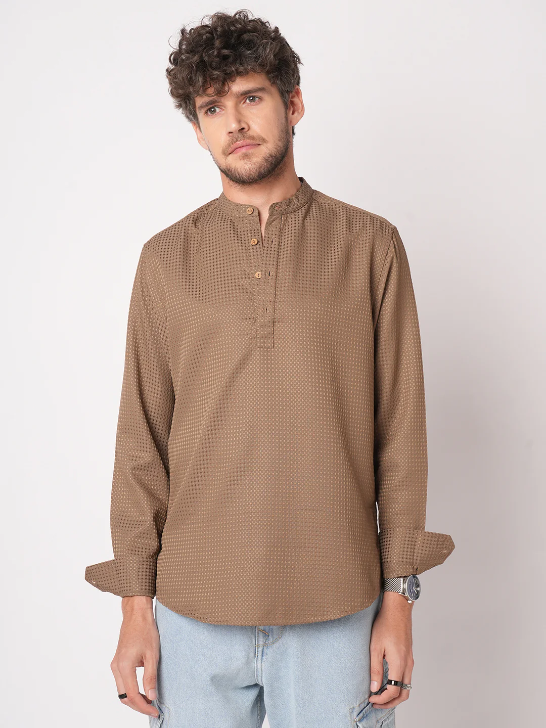 Muted Brown Dot Embossed Kurta - Image 5