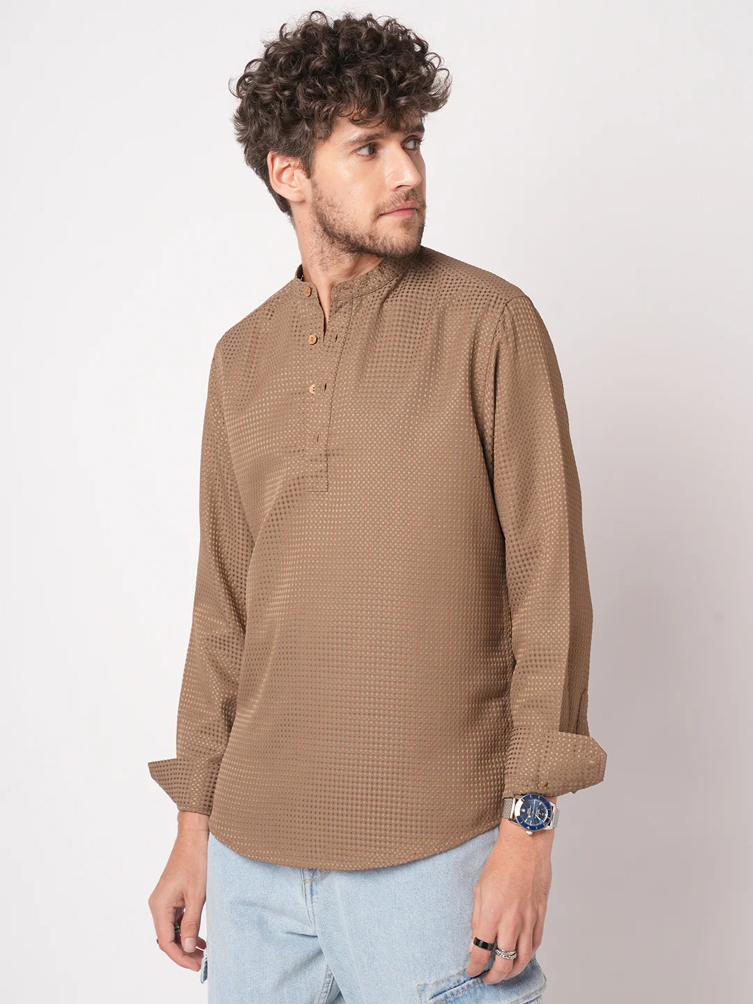 Muted Brown Dot Embossed Kurta - Image 6