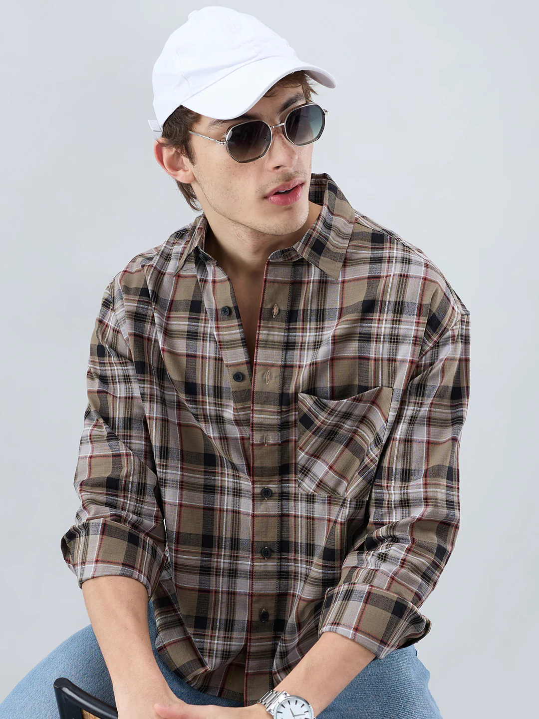 Muted Olive Plaid Checks Boxy Fit Crop Shirt - Image 2