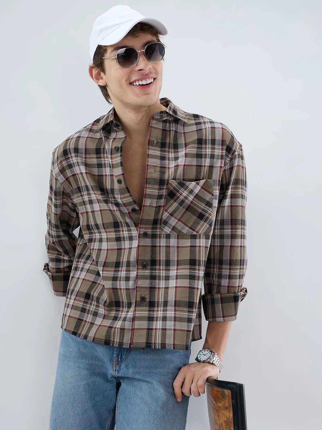 Muted Olive Plaid Checks Boxy Fit Crop Shirt - Image 4