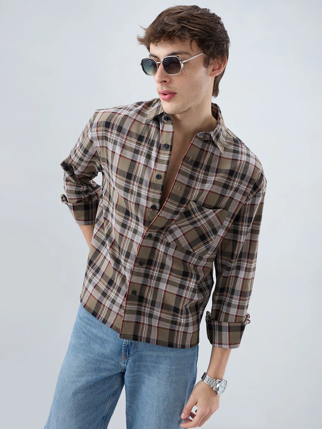 Muted Olive Plaid Checks Boxy Fit Crop Shirt - Image 5