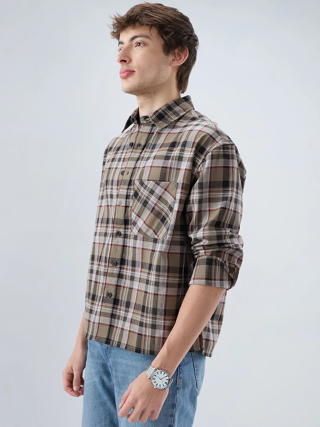Muted Olive Plaid Checks Boxy Fit Crop Shirt - Image 6