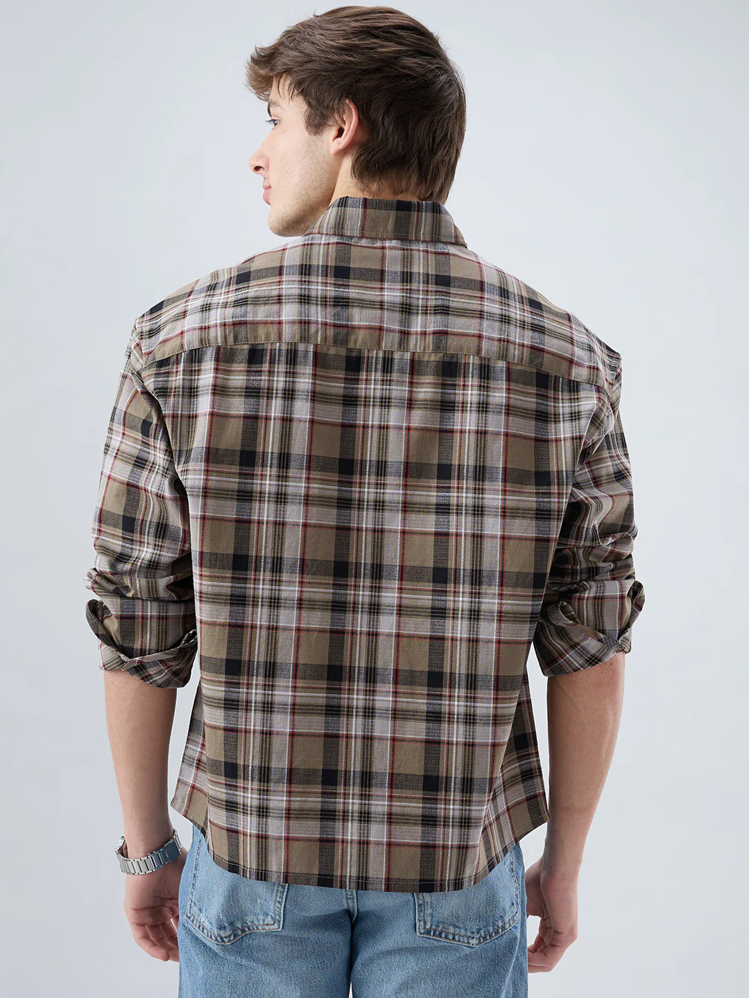 Muted Olive Plaid Checks Boxy Fit Crop Shirt - Image 7