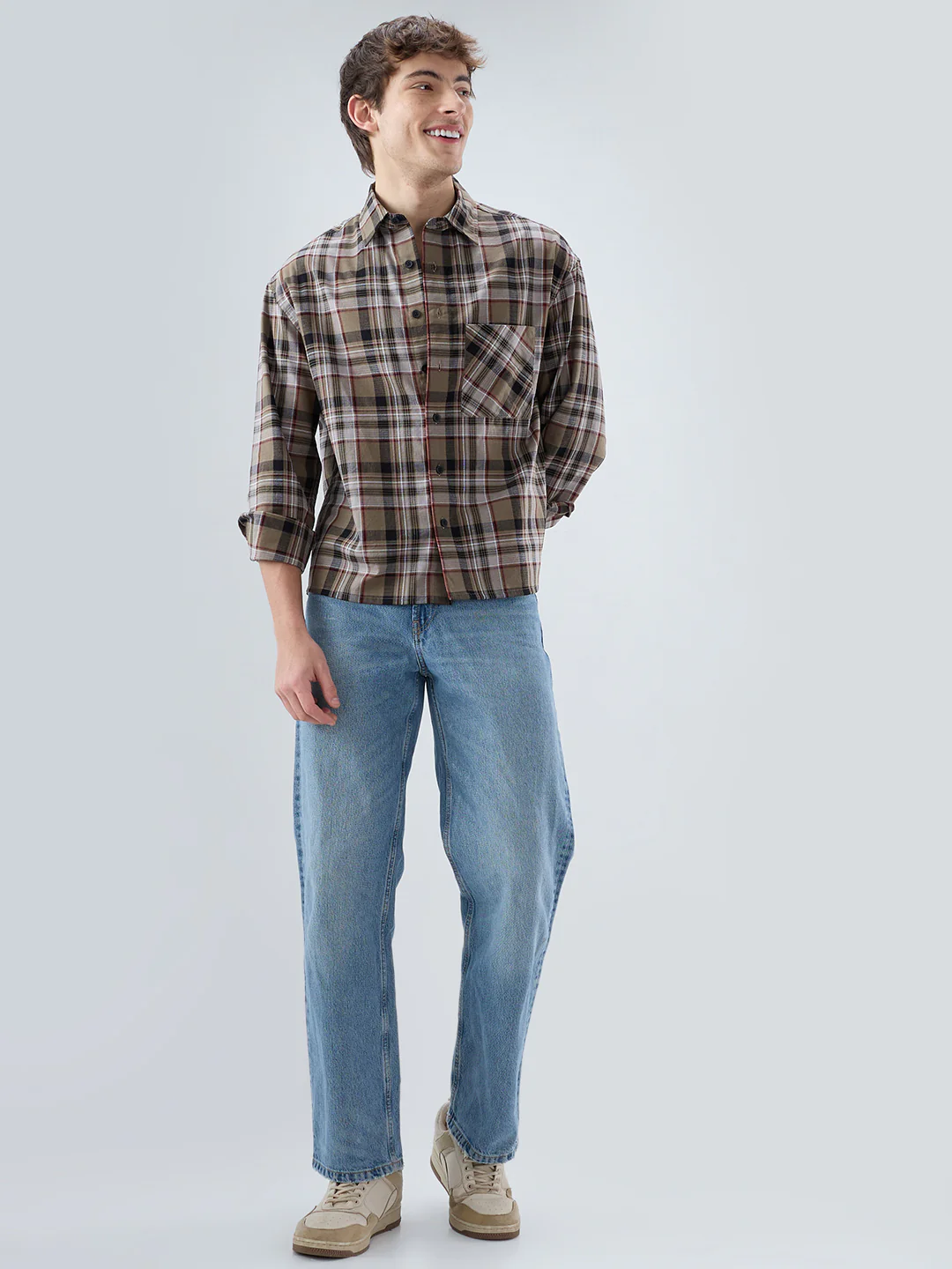Muted Olive Plaid Checks Boxy Fit Crop Shirt - Image 8