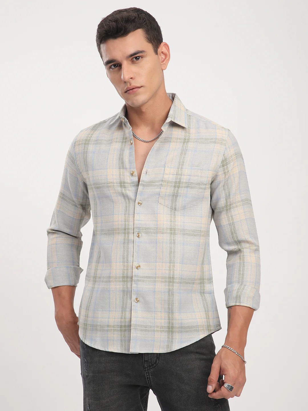 Muted Sky Multicolour Plaid Checks Linen Blend Shirt - Image 4