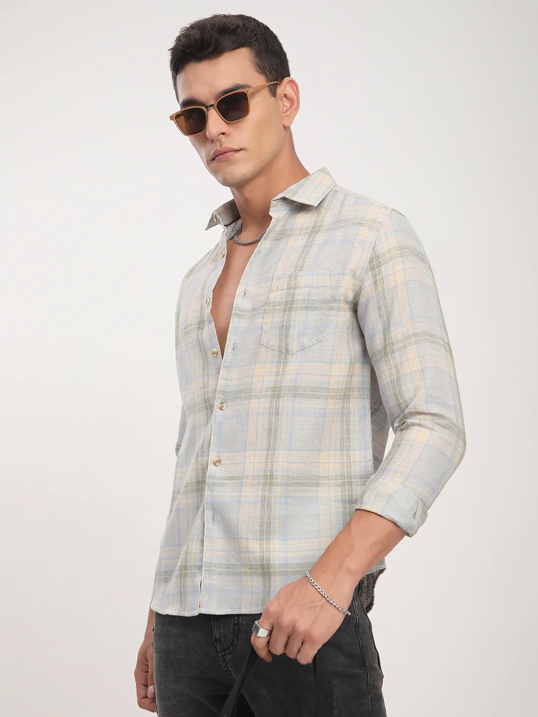 Muted Sky Multicolour Plaid Checks Linen Blend Shirt - Image 5