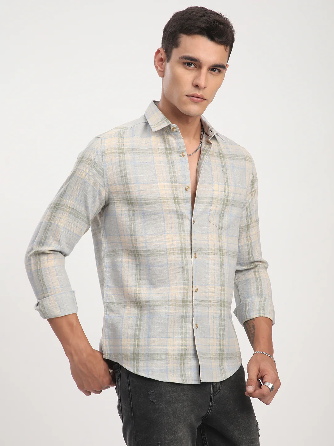 Muted Sky Multicolour Plaid Checks Linen Blend Shirt - Image 6