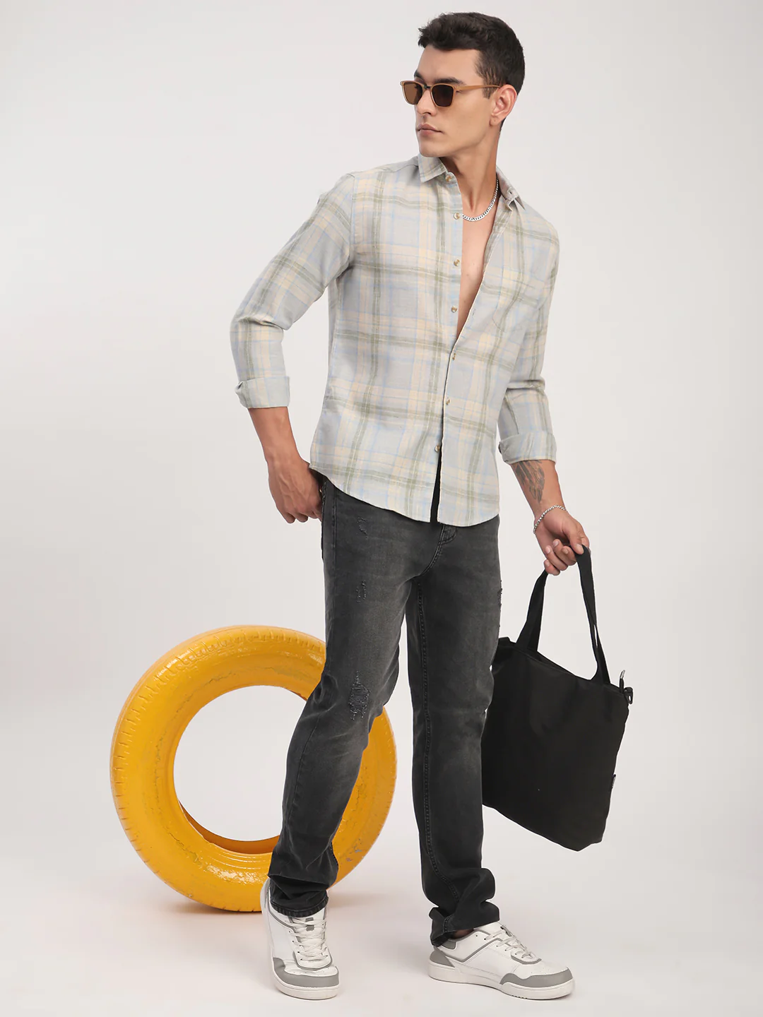 Muted Sky Multicolour Plaid Checks Linen Blend Shirt - Image 8