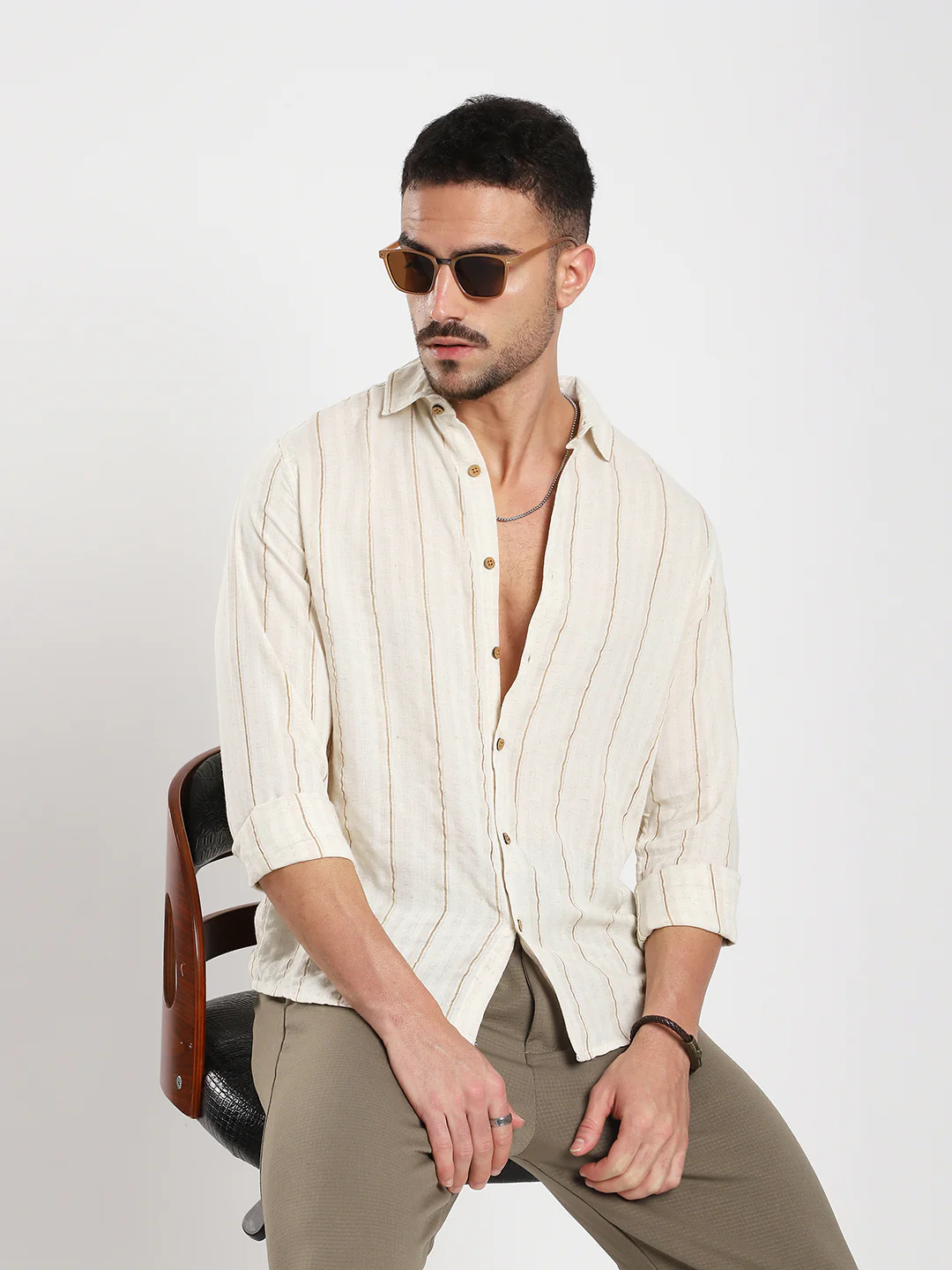 Natural Beige Contrast Linen Blend Stripe Shirt - Image 2