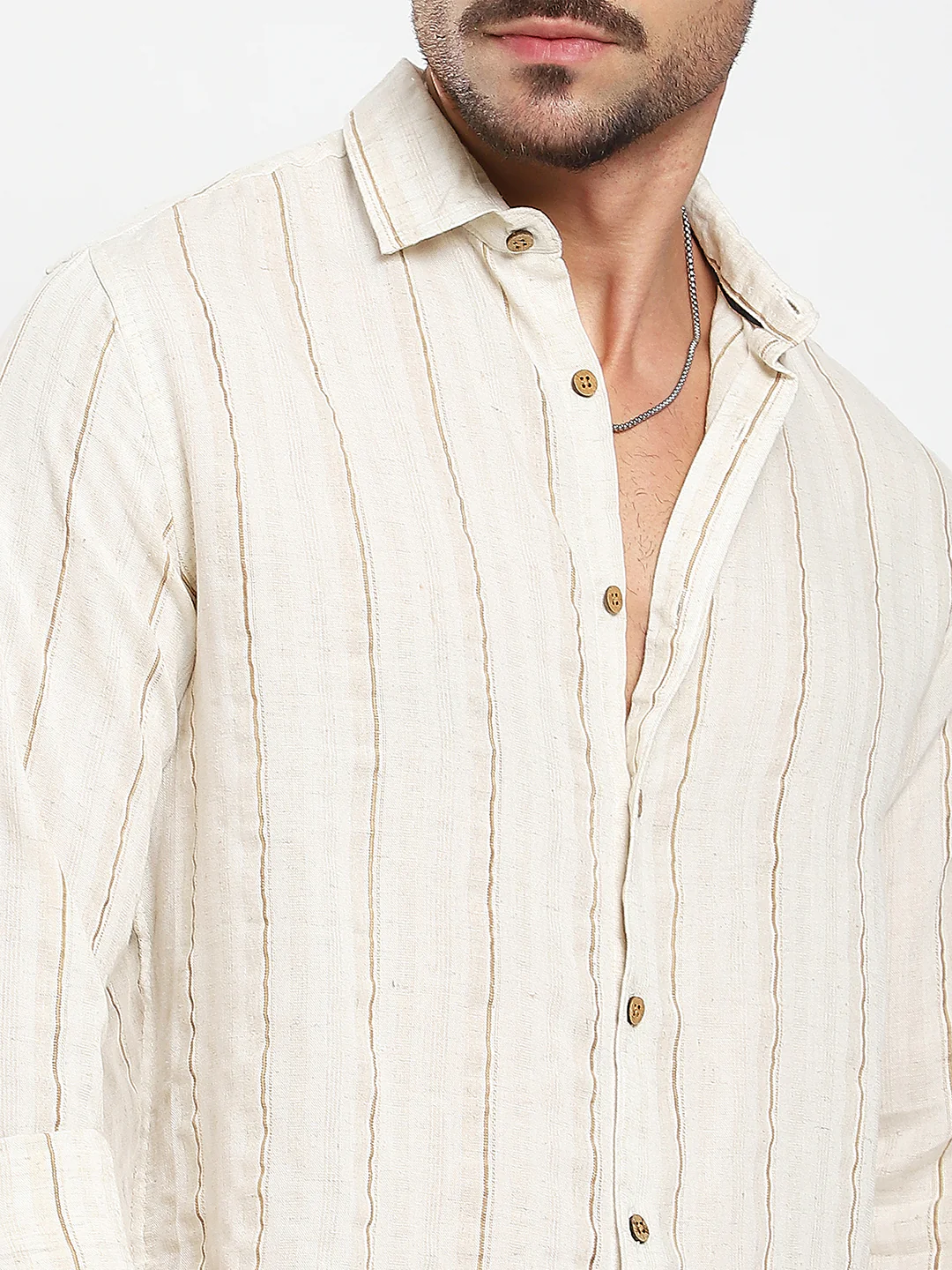 Natural Beige Contrast Linen Blend Stripe Shirt - Image 3
